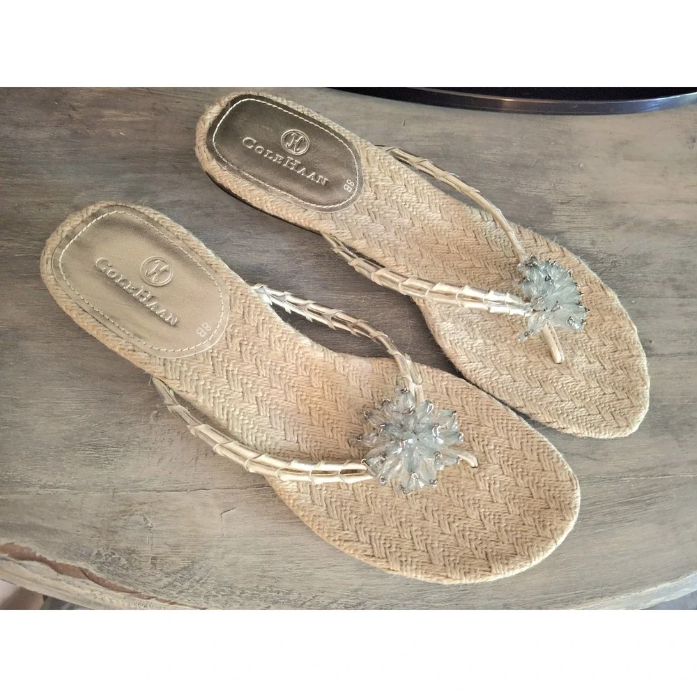 Cole Haan Crystal Beaded Flower Jute Beach Fairycore Kitten Heel Sandal 7.5/8